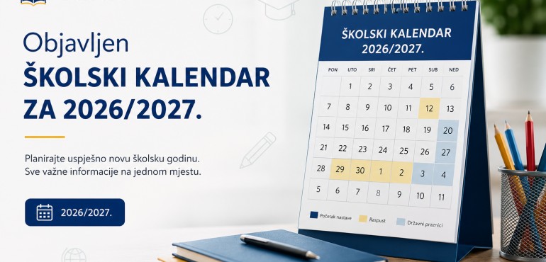 Objavljen školski kalendar za srednje škole za školsku 2026/2027. godinu